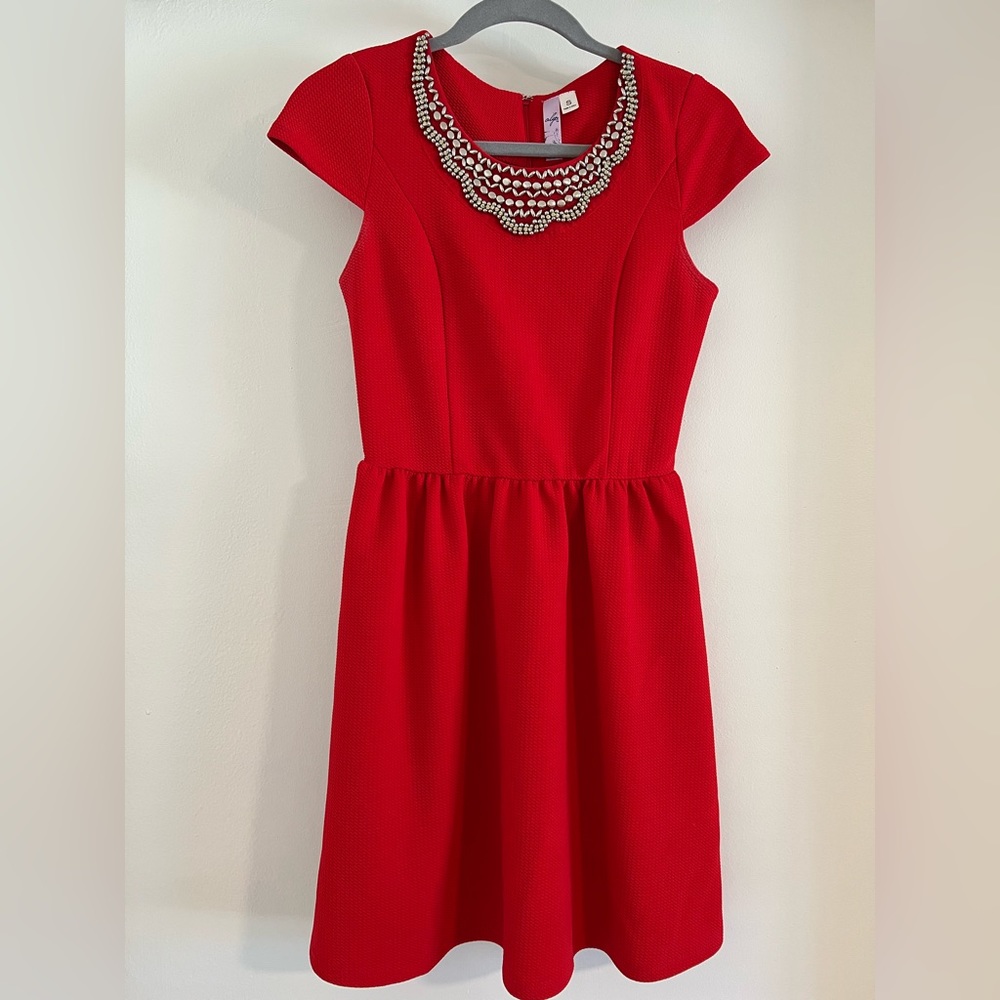 Alya Women’s Red Dress With Silver Beaded Neckline